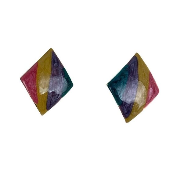 Vtg Enameled Color Block Pierced Earrings Diamond Shaped Sparkle Bold Vibrant - Picture 1 of 6